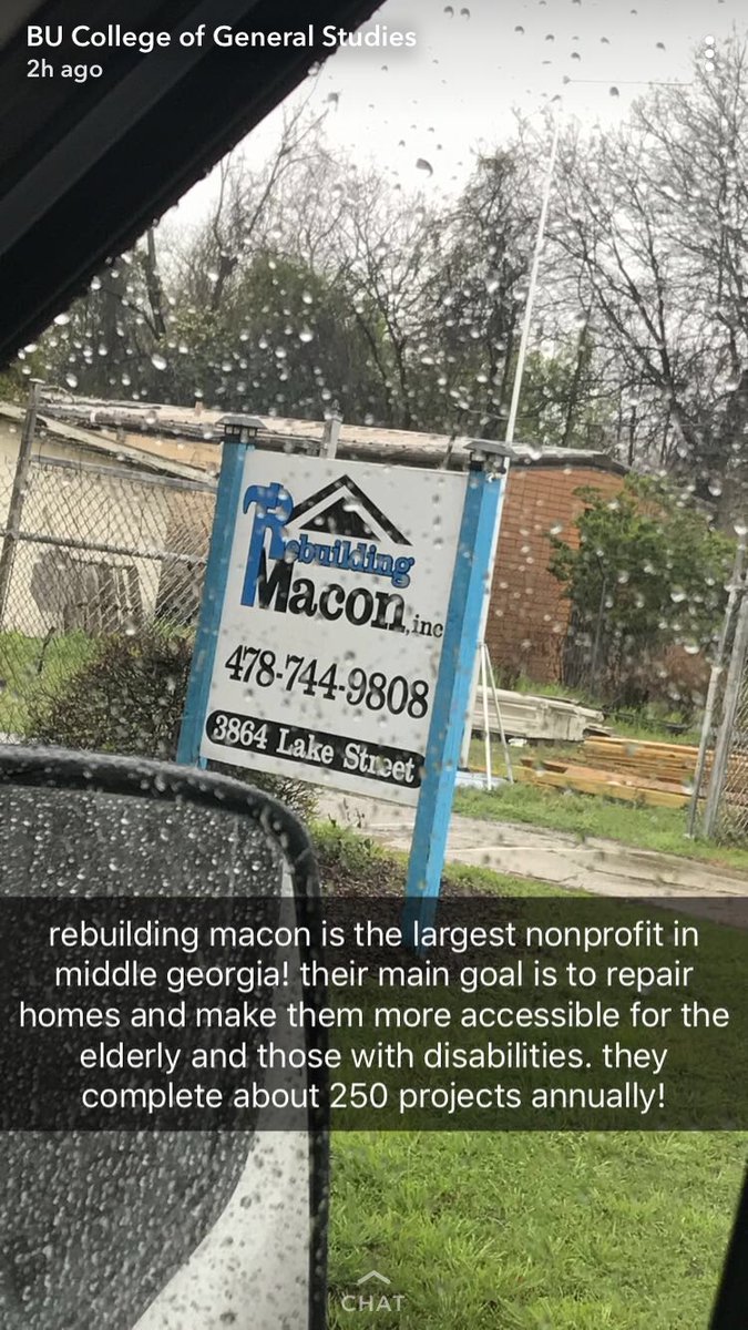 Check out the CGS Snapchat today (bu_cgs) for a #TerrierTakeover from Grace Wise (CGS’19, COM’21), a <a href="/BUASB/">Alternative Service Breaks</a> coordinator leading a service trip in Georgia. <a href="/BU_Tweets/">Boston University</a> students are working with <a href="/RebuildingMacon/">Rebuilding Macon</a> to refurbish &amp; repair homes for the elderly &amp; those with disabilities.