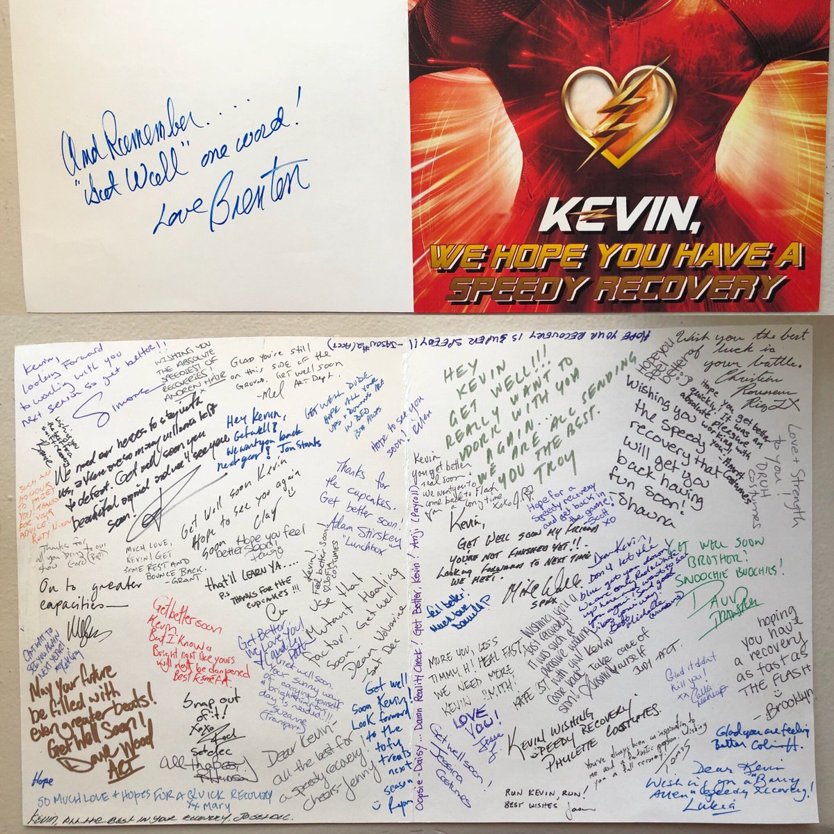 ThatKevinSmith's tweet photo. Many thanks to my friends &amp; family of @CW_TheFlash cast &amp; crew for THEIR Get Well card too! Please ask Cisco &amp; Caitlin if they can fix me and see if Barry, Iris, Joe &amp; Ralph can figure out who attacked my heart! I suspect either Savitar or a poor diet! https://t.co/abRkf1zi4F