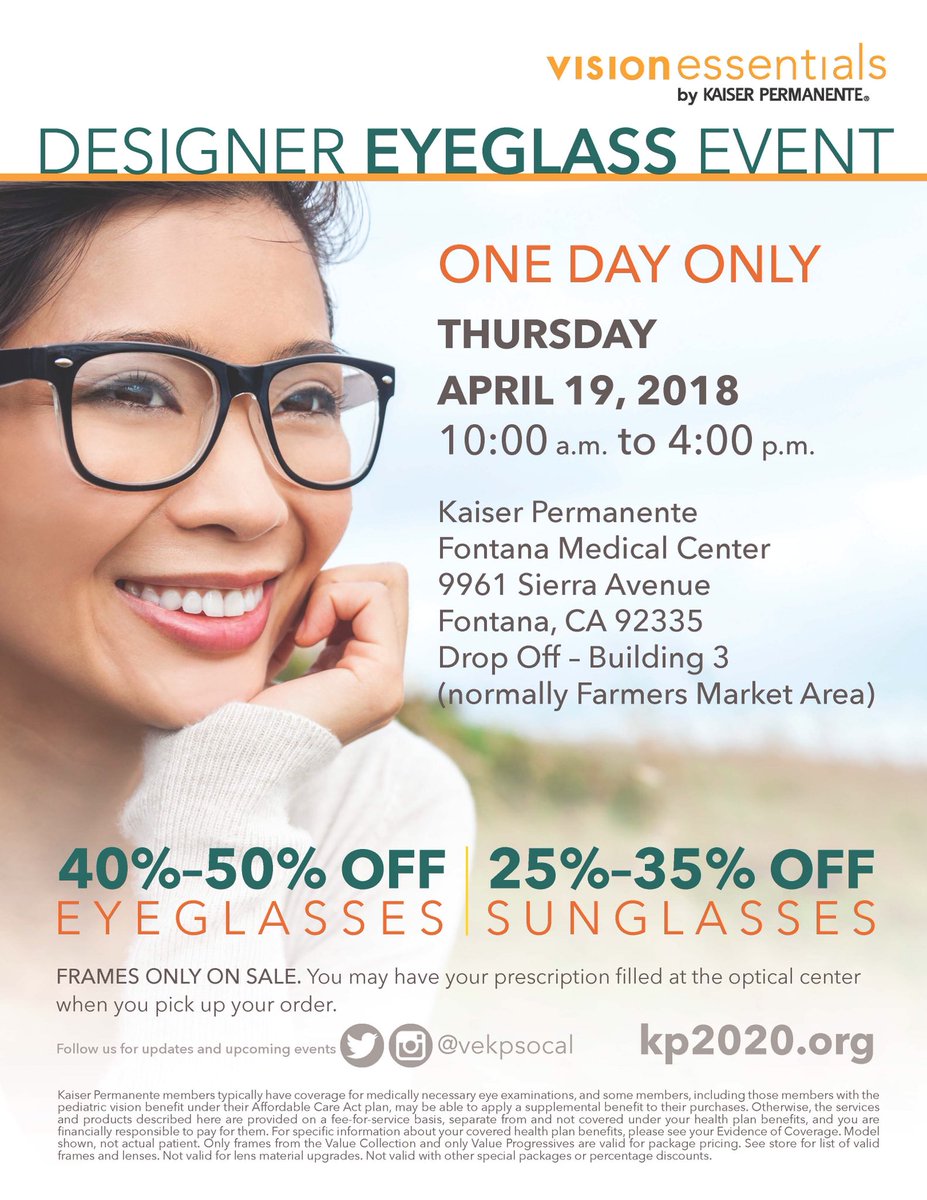 KPSanBernardino's tweet photo. April 19, 10a-4p @vekpsocal will be hosting a #Designer #Eyeglass Event at #Fontana Medical Center outside of MOB 3. You won’t want to miss these amazing deals: 40%-50% off eyeglasses &amp; 25%-35% off sunglasses! #kp #kaiserpermanente #kpfontana #visionessentials https://t.co/nJpwsvCcLc
