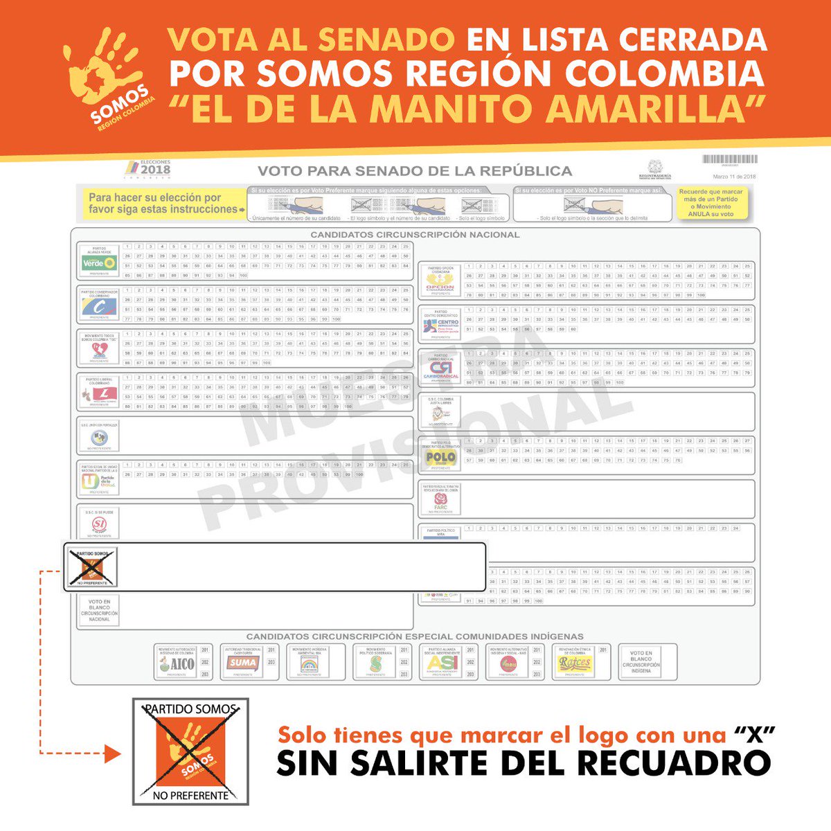 SomosSenado's tweet photo. No lo olviden este 11 de marzo todos a votar al senado lista cerrada, solo tienes que marcar el logo de Somos Región Colombia el de la manito amarilla #SiHayDiosParaTodos https://t.co/zA6gAZyydk