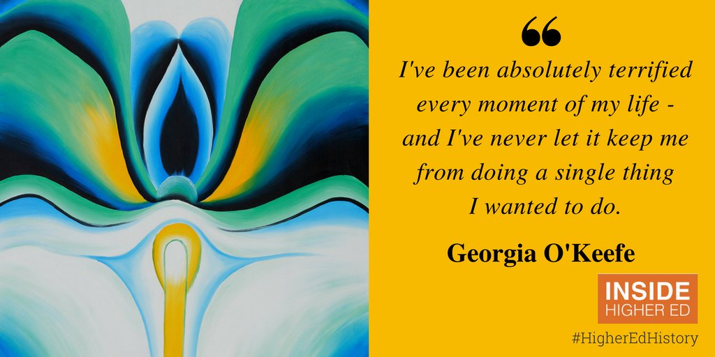 insidehighered's tweet photo. #HigherEdHistory: on this day in 1986, artist Georgia OโKeefe died at age 98. OโKeefe studied painting at @artinstitutechi and in 1916 became head of the art dept at West Texas State Normal College (now @wtamu). She has been recognized as the "Mother of American modernism". https://t.co/oT9Dz4gv3o