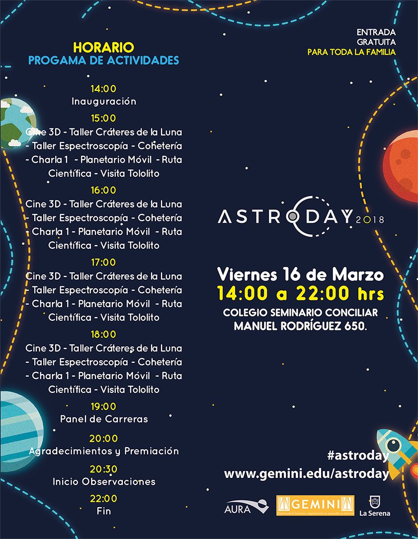 LaSerenaCB's tweet photo. La #RegiónEstrella se prepara para celebrar el próximo #AstroDay2018 / Todos/as cordialmente invitados/as a participar en las actividades organizadas por el Observatorio Gemini con la colaboración de @la_serena_chile / Más información en el programa adjunto: https://t.co/IWnAkQENrV