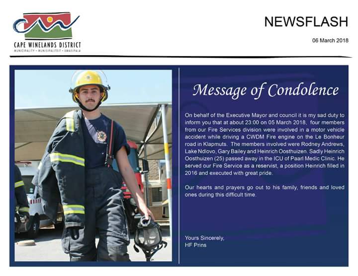 vwsfires's tweet photo. In very sad news a Cape Winelands firefighter died in the line of duty yesterday. Our condolences and thoughts go out to Heinrich's family, friends and firefighting unit. https://t.co/0TC5aKC8Va