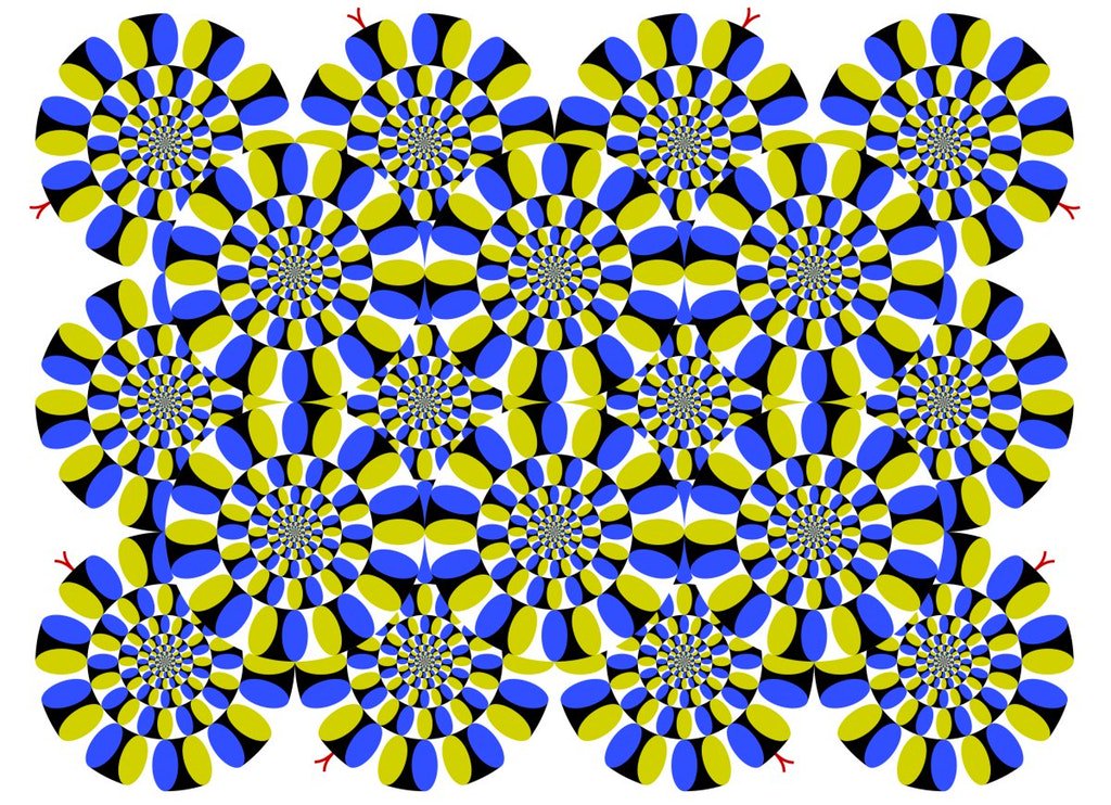 Rainmaker1973's tweet photo. This is not a GIF: it demonstrates the strong (and beautiful) rotation of the “wheels”, occurring in relation to your eye movements. On steady fixation the effect vanishes. Learn more: https://t.co/uDctcLQJh5 https://t.co/TJrljRzjkx