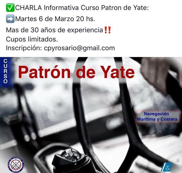 cpyr's tweet photo. ➡️Curso Patron de Yate: Les recuerdo la charla de hoy 20 hs en Ricchieri 260. Rosario. https://t.co/U1TdTWoYzR