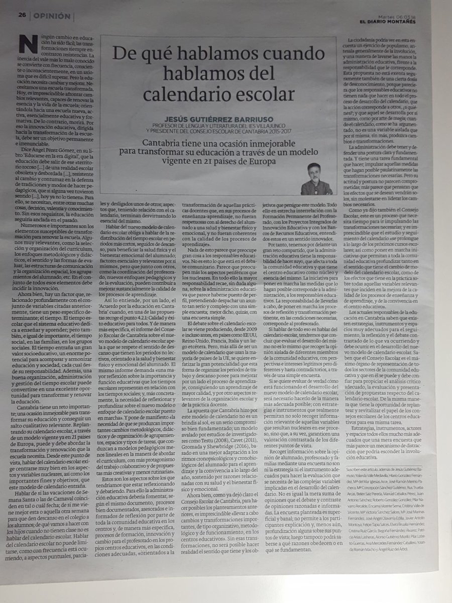 Cantabr1Erasmus's tweet photo. De qué hablamos cuando hablamos del calendario escolar.  Cantabria tiene una ocasión inmejorable para transformar su educación a través de un modelo vigente en 21 países de Europa. Jesús Gutiérrez Barriuso https://t.co/0XUfR085Q9