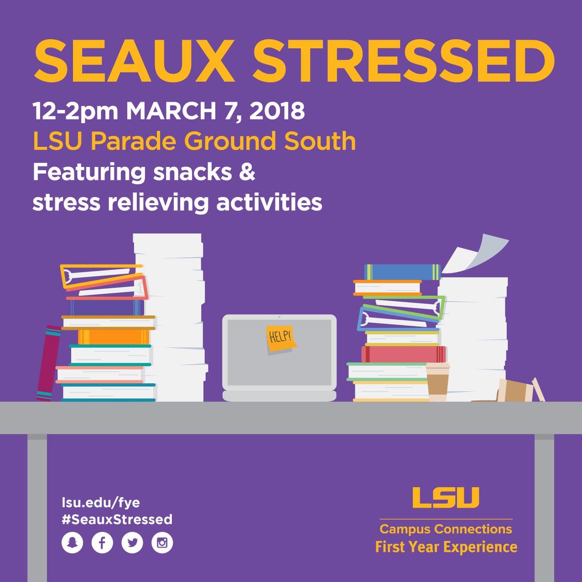 Stressing out about your midterms? Join us tomorrow for a study break on the Parade Ground from 12-2p.m. for #Seaux Stressed! Learn healthy ways to manage stress, tips for acing midterms and participate in fun activities.
