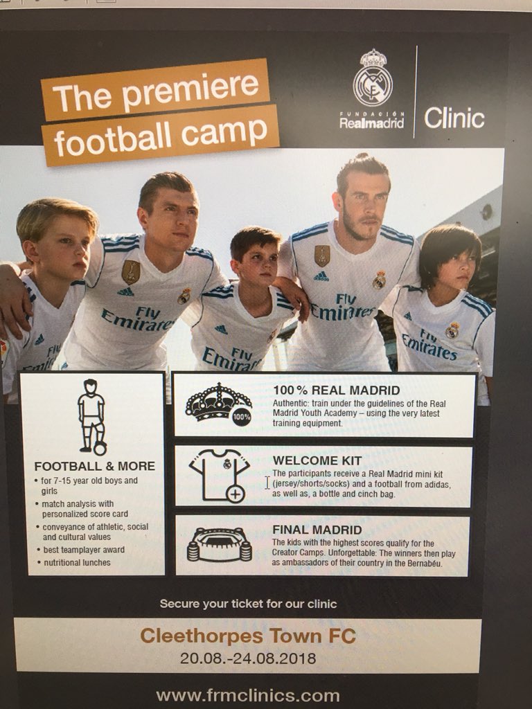 CleeTownFC's tweet photo. Have you signed up for our fantastic Foundation #RealMadrid clinic in August - get signed up to get the full experience https://t.co/a2CumiuVQd #cleethorpes #lincolnshire #grimsby #RealMadrid #sunshinefootball https://t.co/Ws6rgR5MK7