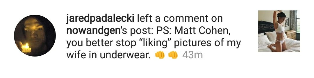 deanandmiracle's tweet photo. omg!!! jared's comment/msg to matt on gen's post tho 😂😂😂 https://t.co/vYR2D292DR