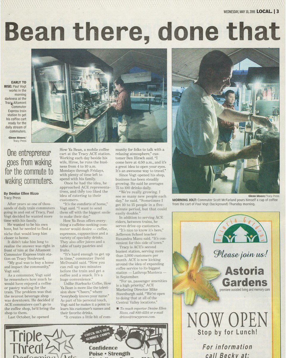 howyabean's tweet photo. When #HowYaBean graced the cover of the Tracy Press, featuring our awesome founder &CEO Paul Vogt, about 2 years after How Ya Bean’s founding. It reads, “Bean there, done that. . . .One entrepreneur goes from waking for the commute, to waking commuters.”
#TheBeanTeam #HYByourROI https://t.co/mck333GUfW