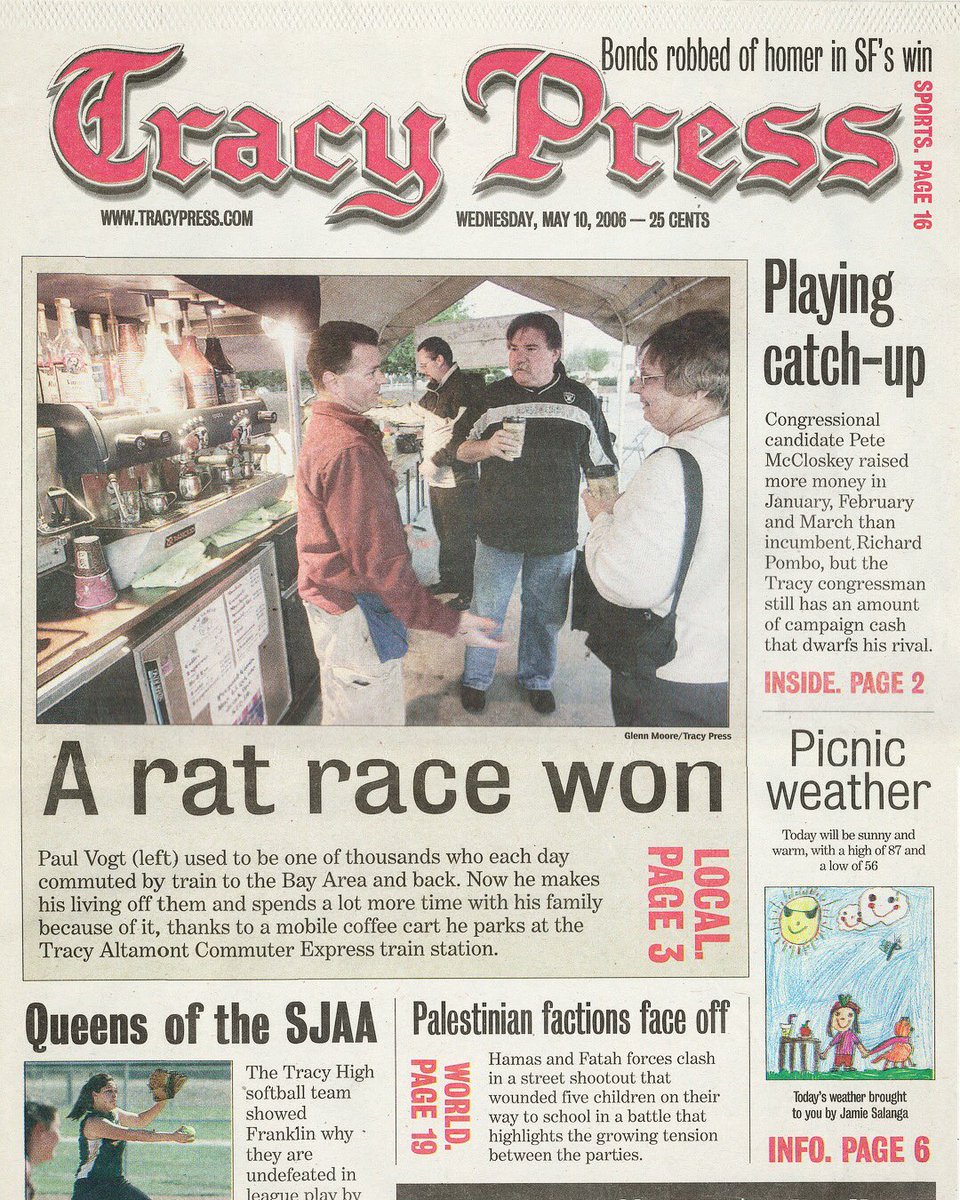howyabean's tweet photo. When #HowYaBean graced the cover of the Tracy Press, featuring our awesome founder &CEO Paul Vogt, about 2 years after How Ya Bean’s founding. It reads, “Bean there, done that. . . .One entrepreneur goes from waking for the commute, to waking commuters.”
#TheBeanTeam #HYByourROI https://t.co/mck333GUfW