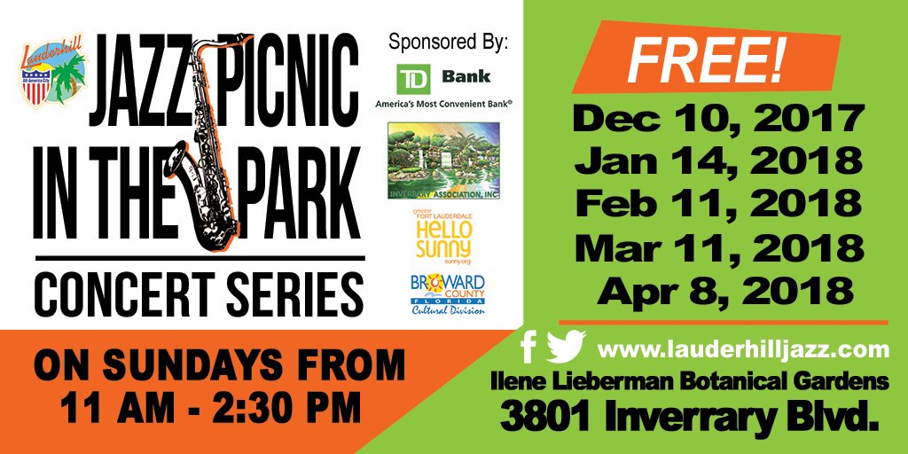 CityLauderhill's tweet photo. Mayor Richard J. Kaplan &amp; the #CityofLauderhill are proud to present another Jazz Picnic in the Park concert on this March 11th. Join us us for a FREE live music and family fun event. #lauderhill #Broward https://t.co/gjBxXgIZzT https://t.co/F5fg2mNNaY