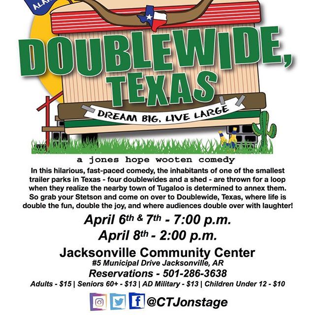 CTJonstage's tweet photo. Come see Doublewide, Texas! In this hilarious, fast-paced comedy, the inhabitants of one of the smallest trailer parks in Texas - four doublewides and a shed - are thrown for a loop when they realize the nearby town of Tugaloo is determined to annex them. https://t.co/JEXSWQfFz5