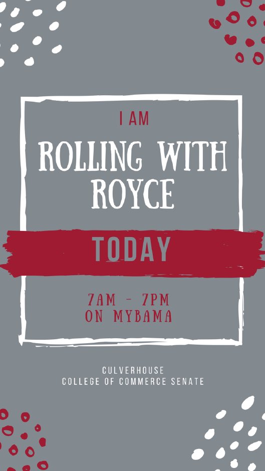 RyannDickerson's tweet photo. Today is the day guys! You have until 7pm to cast your vote. If you are in the College of Commerce join my brother and #rollwithroyce on my bama. Your vote matters! Help Royce, help you! https://t.co/LgNPR4SHJC
