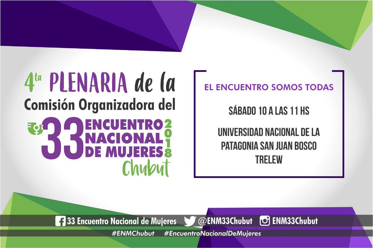 ENM33Chubut's tweet photo. Mujeres de #Chubut las  esperamos en la próxima plenaria! #EncuentroNacionalDeMujeres  #ENMChubut https://t.co/DN8Vi92FWu