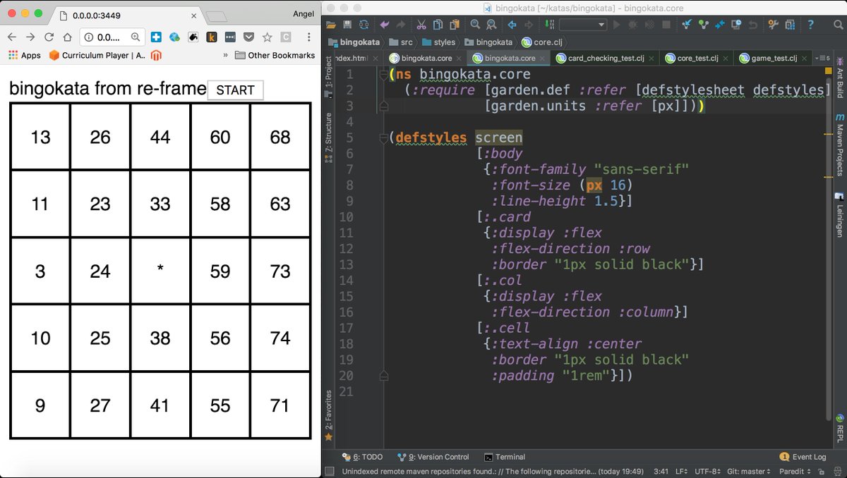 clojuredevsbcn's tweet image. 7th episode of our 'bingo #kata' saga #meetup: generating css styles using #clojure's garden 👨🌾👩🌾
github.com/ClojureBarcelo…