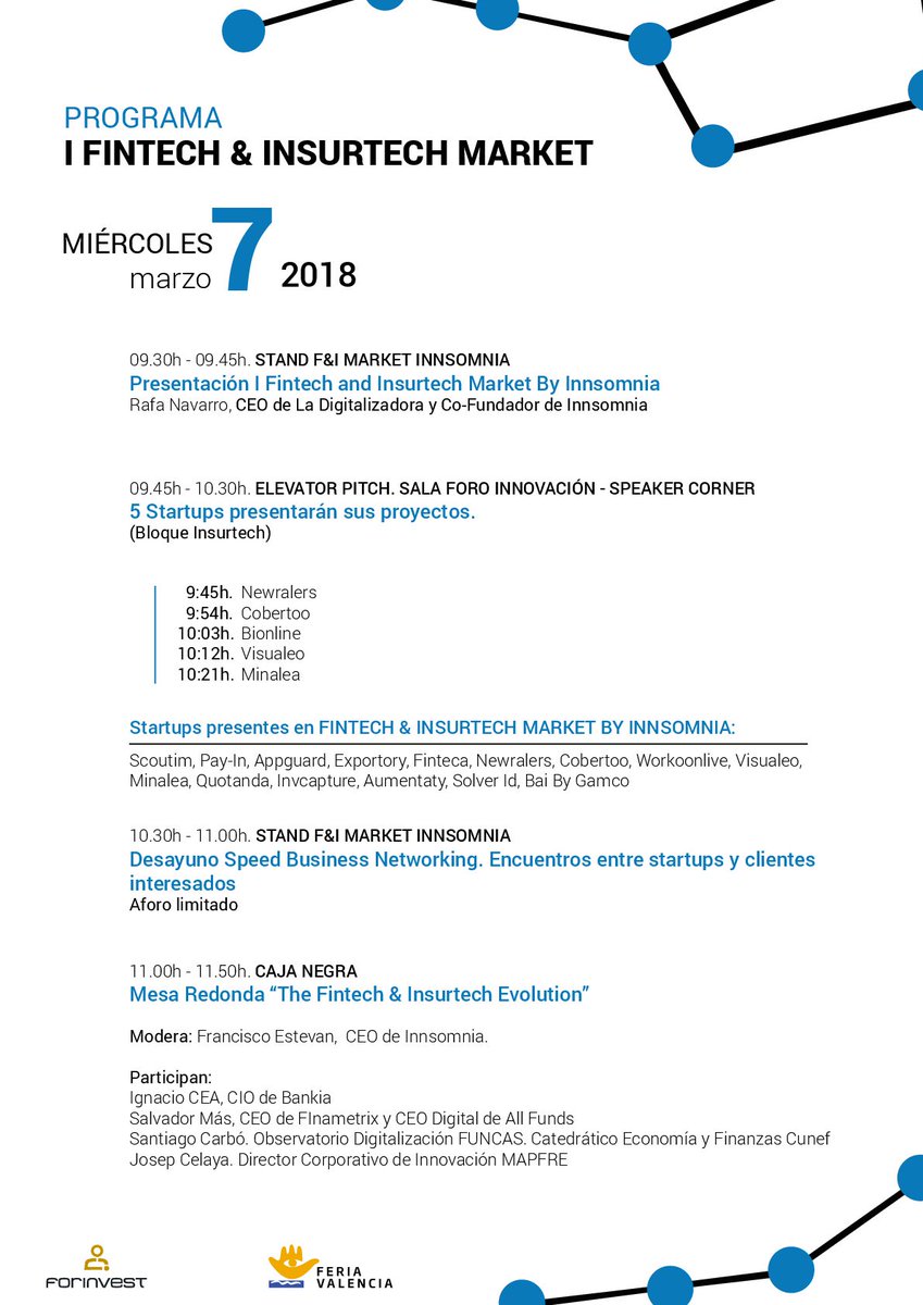 Arranca <a href="/Forinvest/">Forinvest</a> y nuestro Fintech &amp; Insurtech Market. Aquí puedes encontrar todo el programa que hemos organizado hoy. ⏰ Te esperamos a las 11:00 con <a href="/Fran_Estevan/">Francisco Estevan</a> <a href="/ICeaFornies/">Ignacio Cea Forniés</a> <a href="/boromas/">Boro Mas</a> <a href="/MAPFRE/">MAPFRE</a> y <a href="/FUNCASES/">Funcas</a> para hablar del futuro del #fintech e #insurtech