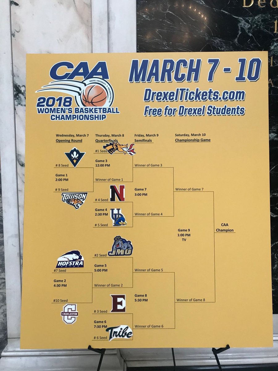 LeBow's tweet photo. The @DrexelWBB Dragons are the No. 1 seed at this week's @CAABasketball Championship! Also, there's #freepizza for students in the #DACPack section. Go @DrexelDragons! https://t.co/yu0hWXDYH1