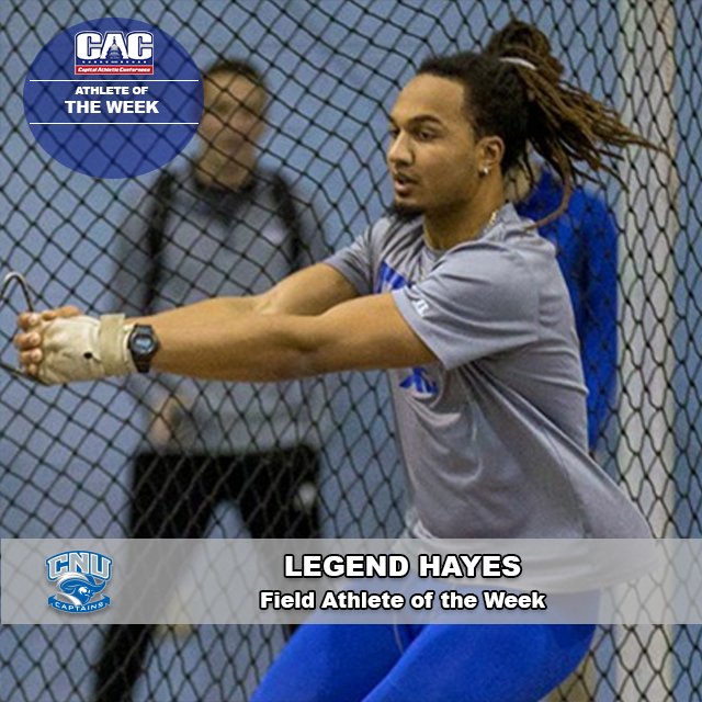 C2CAthConf's tweet photo. MT&F: @CNUTFXC senior Legend Hayes earns #CACmtf Field Athlete of the Week award.
Hayes set a new school record and the 30th-best mark in the nation in the weight throw (17.34m) at the Tufts Final Qualifier. https://t.co/eSjfsDreGc