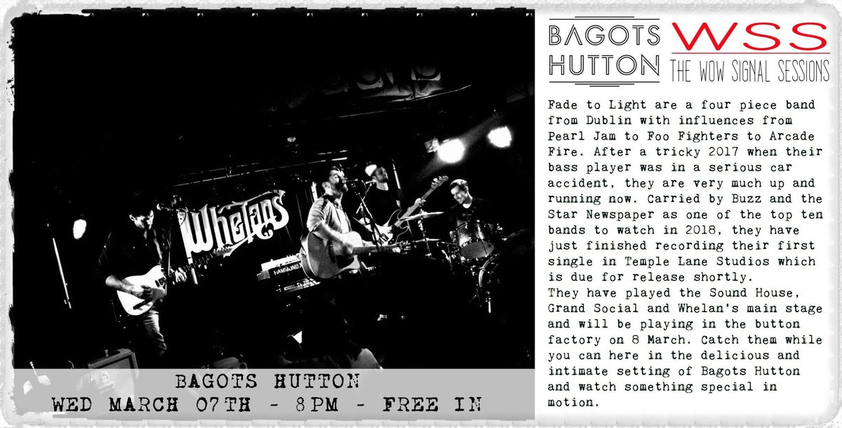 wowsigsessions's tweet photo. Delighted to have the incredible @fadetolightband live in @BagotsHutton for the @wowsigsessions 2moro night. Catch them while u can! 😯

#bagotshutton #Wednesday #irishmusic #ireland #dublinireland #music #IrelandsBestUnsigned #dublinigers #dublingigs #OnesToWatch #igersireland https://t.co/n9SN7Z9ayk