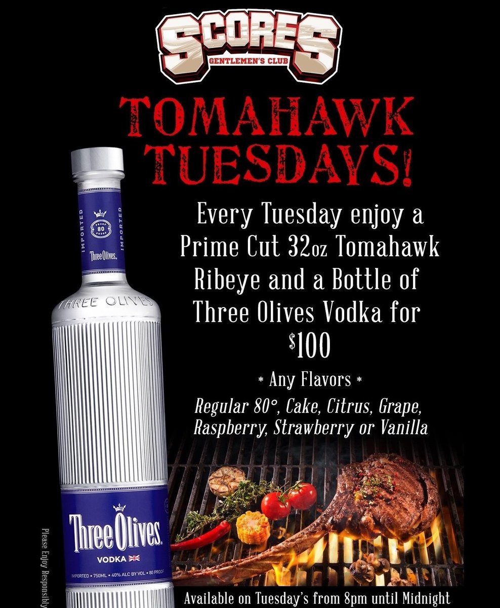 ScoresTampabay's tweet image. Tomahawk Tuesdays! 
Come for the Tomahawk steak, stay for the lovely ladies. 
Enjoy a Prime Cut 32 oz. Tomahawk Ribeye and a Bottle of Three Olives Vodka for $100 
#Tampa #eatsteak #party #girls #steakhouse #813eats #tampaeats
