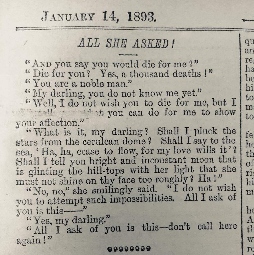 The formula of these jokes is probably starting to become clear now. Still, I quite like this one, chiefly because of the man’s absurdly over-the-top declarations of love...- Tit-Bits (1893).