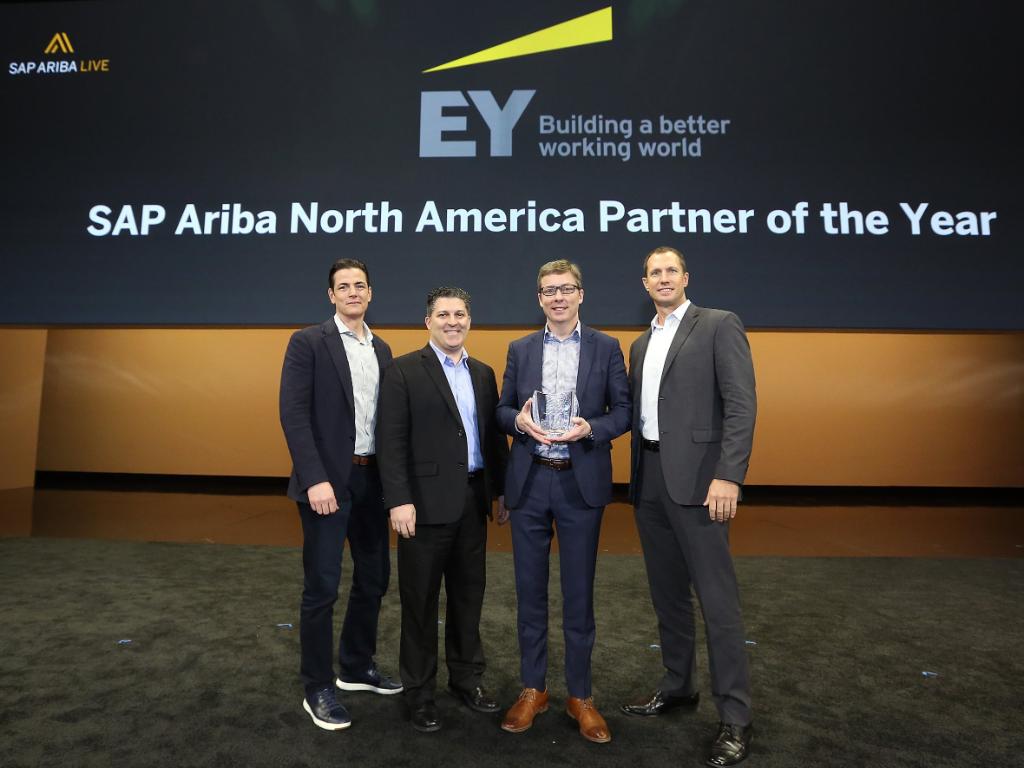 Earlier today we were awarded the <a href="/SAPAriba/">SAP Ariba</a> North America Partner of the Year Award at #SAPAribaLive L-R
<a href="/barrypadgett/">Barry Padgett</a>, Brad Durst,  <a href="/kowal55/">Dan Kowal</a> and David Johnston. Great recognition for the incredible work we are doing with SAP to drive digital transformation for our clients.