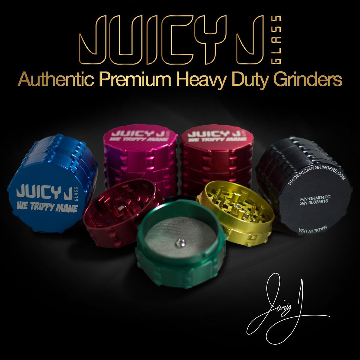 INTRODUCING - - Juicy J Grinders by @grindphoenician. That's right, We've teamed up with the best in the game to bring you medical grade grinders!! 5 colors available... pink,blue,black,red and RASTA......Go to juicyjglass.com NOW to get yours!