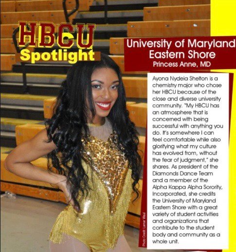 UMESNews's tweet photo. Senior Ayona N. Shelton of #UMES' Diamonds dance team is featured on the index page of the new Spring 2018 edition of @HOLLAcheerdance magazine. Ayona is a chemistry major &amp; a member of @akasorority1908. https://t.co/PKHOsJugZd