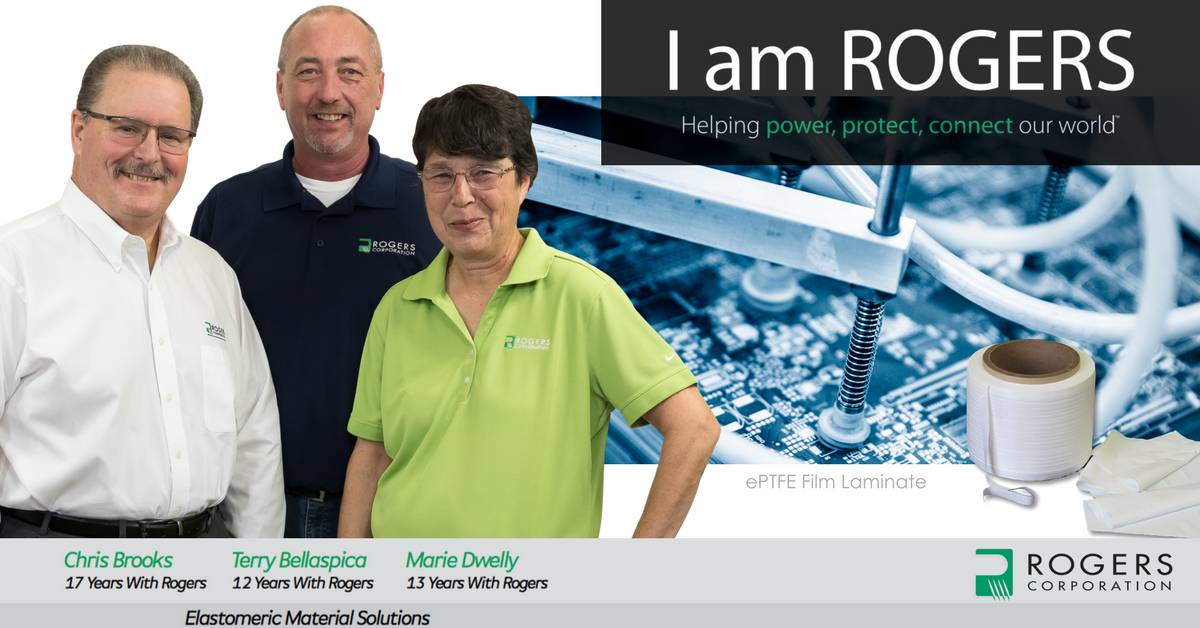 RogersCorpHR's tweet image. Join us in recognizing our #employees and the #worldClassSolutions they create every day! Meet Chris Brooks, Terry Bellaspica and Marie Dwelly from our EMS team. They make ePTFE film laminate to protect #signalIntegrity of high-flex #flatCable in #cleanroom environments.