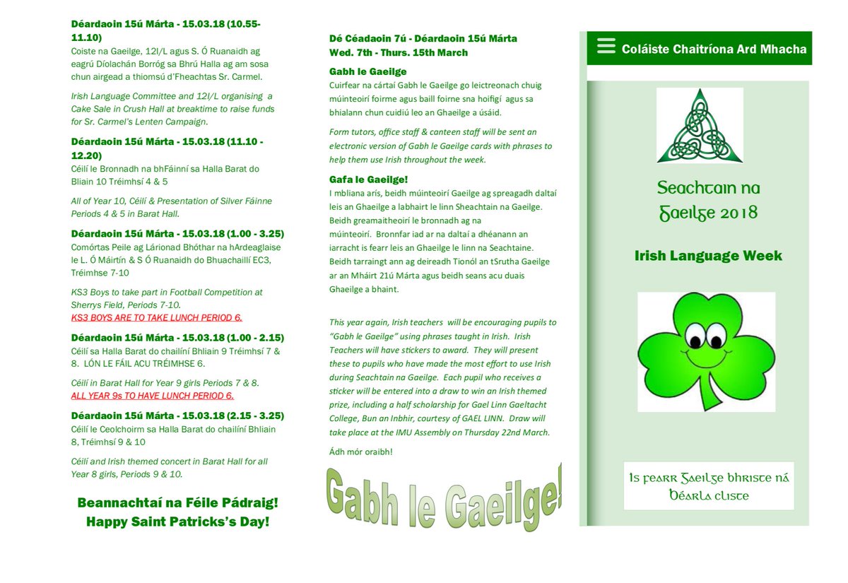 stcatsgaeilge's tweet photo. Seachtain na Gaeilge ag tosú i gColáiste Chaitríona amárach - Seachtain na Gaeilge starts in St Catherine’s tomorrow! Seo clár na seachtaine / here is the programme of events. https://t.co/TggNseQ205