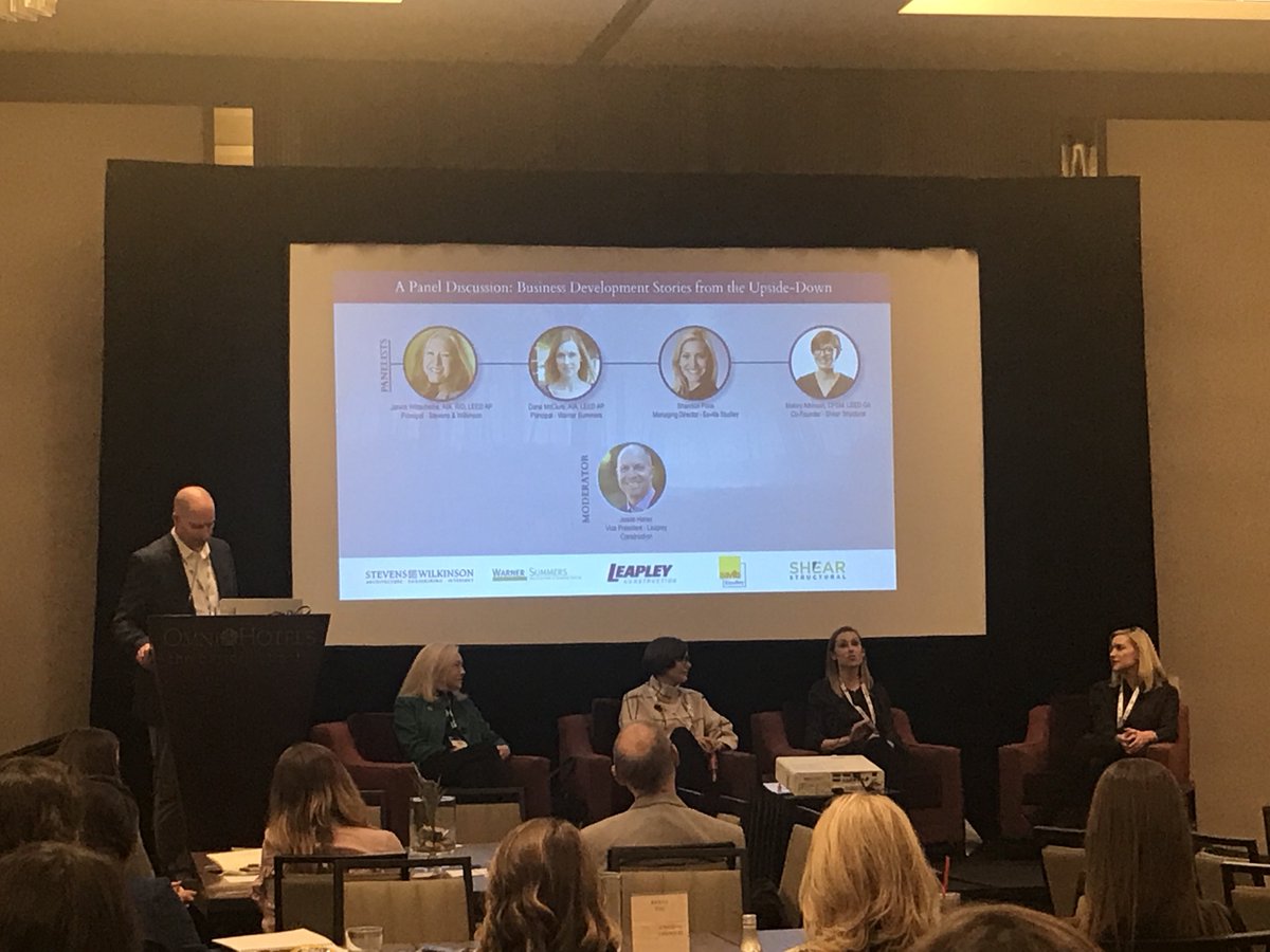 SMPS_SERC's tweet photo. Excellent information (moderated by Jason Haner, Leapley) on business development from Malory Atkinson, Shear Structural; Dana McClure, Warner Summers; Janice Wittschiebe, Stevens &amp; Wilkinson; and Shannon Price, Savills Studley. #smpssunbuilt #serc2018 https://t.co/pYW8lhY4jZ