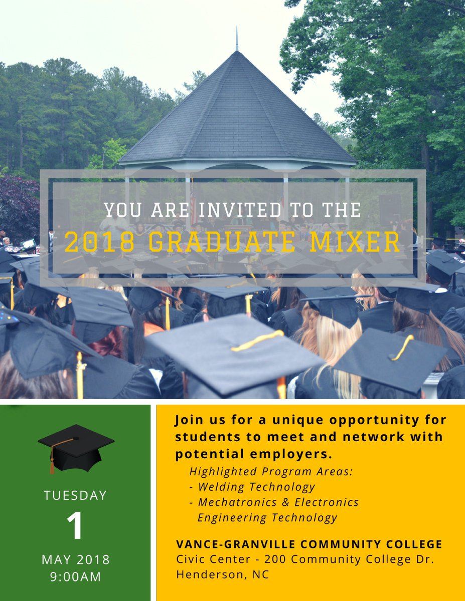 VGCCTechHire's tweet photo. Join us on Tuesday, May 1, 2018 for our 2nd Annual Applied Technology Graduate Mixer at @VanceGranville
To RSVP, visit: https://t.co/deVO4H0IEU 
For more information, visit: https://t.co/8OtfBIYOlW https://t.co/mvxF8ZsK8n