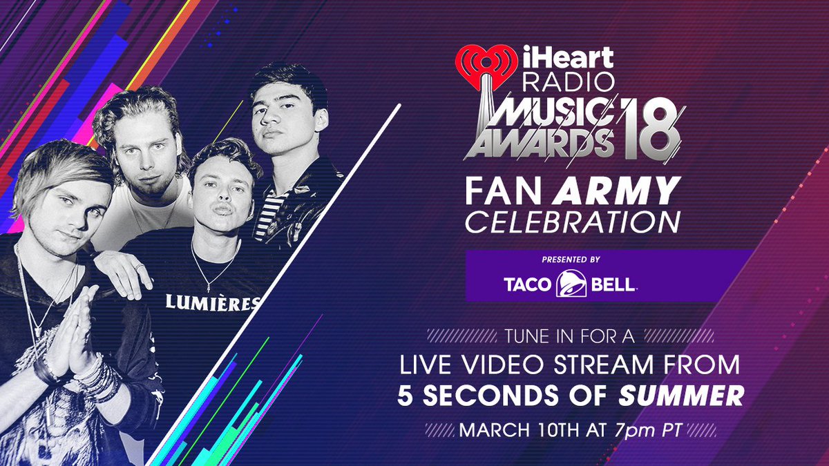 iHeartRadio's tweet photo. .@5SOS will be performing LIVE at the Fan Army Celebration presented by @tacobell this Saturday, March 10th at our @iHeartTheaterLA! Come hang with us ✨ 

If you can't make it, tune in at 10pm ET / 7pm PT only on https://t.co/EWijduxTqZ https://t.co/5vDKUzZD39