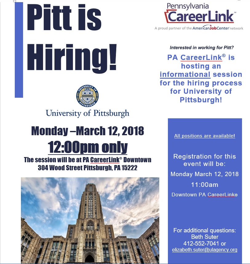 PACareerLinkPgh's tweet photo. Interested in working for Pitt? PA CareerLink® is hosting an info session for the hiring process for University of Pittsburgh! Monday –March 12, 2018
12:00pm only. The session will be at PA CareerLink® Downtown. Registration for this event will be: Monday March 12, 2018 11:00am https://t.co/5VKwD3294o