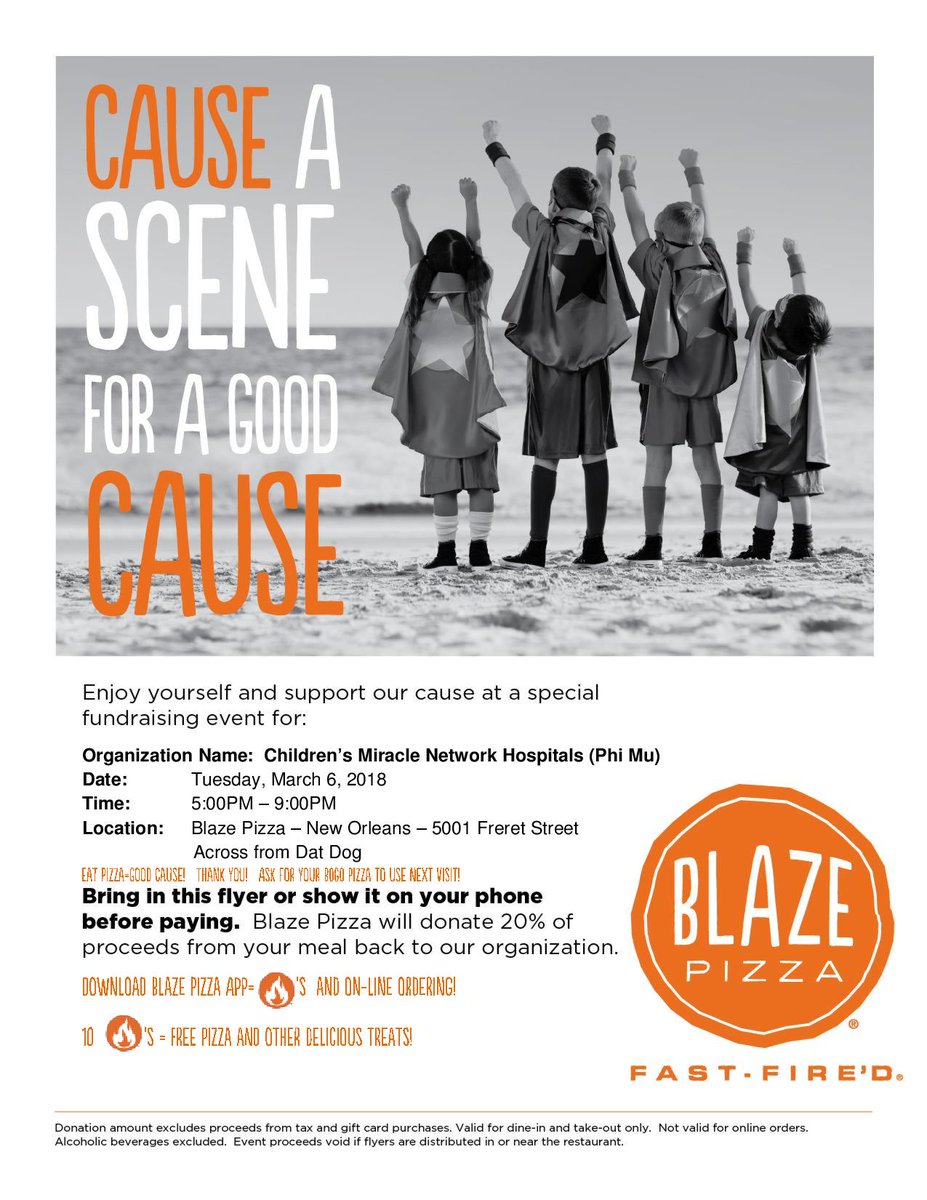 manfamchildrens's tweet image. Who doesn't love some @BlazePizza?! Tonight, Blaze on Freret is partnering with @PhiMuTulane to host a giveback night for #CHNOLA! Be sure to show this flyer at checkout, &amp;amp; 20% of your bill will be donated to @CMNHospitals! #ChildrensHospitalsWeek #MakingMiracles #FortheKids