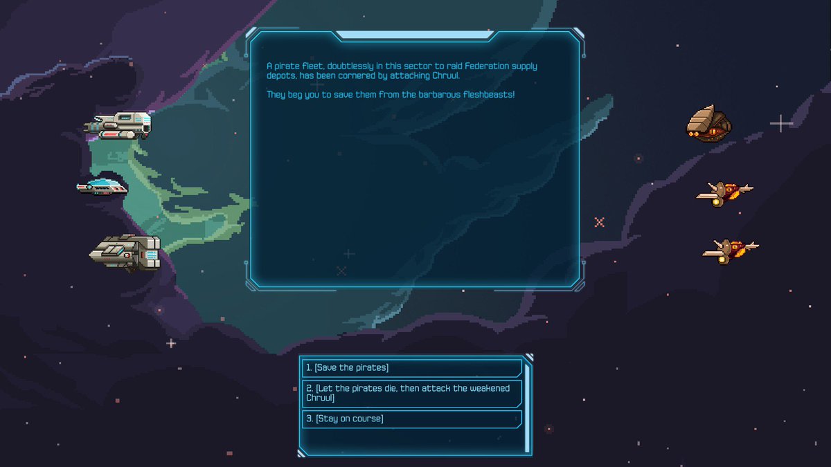 🗨️ Story Event Time in the Halcyon Sector 💬

As a commander, you...

[1] Save the pirates!
[2] Let the pirates die, then attack the weakened Chruul.
[3] Stay on course.

#Halcyon6Game #IndieDev #PixelArt