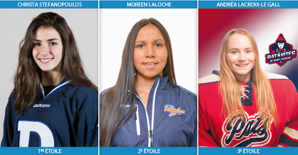 🏒 Hockey coll. 🚺 div. 1 - Voici les 3 ⭐ de la semaine :

1️⃣Christa Stefanopoulos, des <a href="/DBWomensHockey/">DawsonWomen's Hockey</a>
2️⃣Moreen Laloche, des Pionnières de <a href="/sports_criki/">Sports Cégep Rimouski</a>
3️⃣Andréa Lacroix-Le Gall, des <a href="/PatriotesStLo/">Patriotes CSL</a> 

Fiches individuelles 👇
bit.ly/2D5sz6H