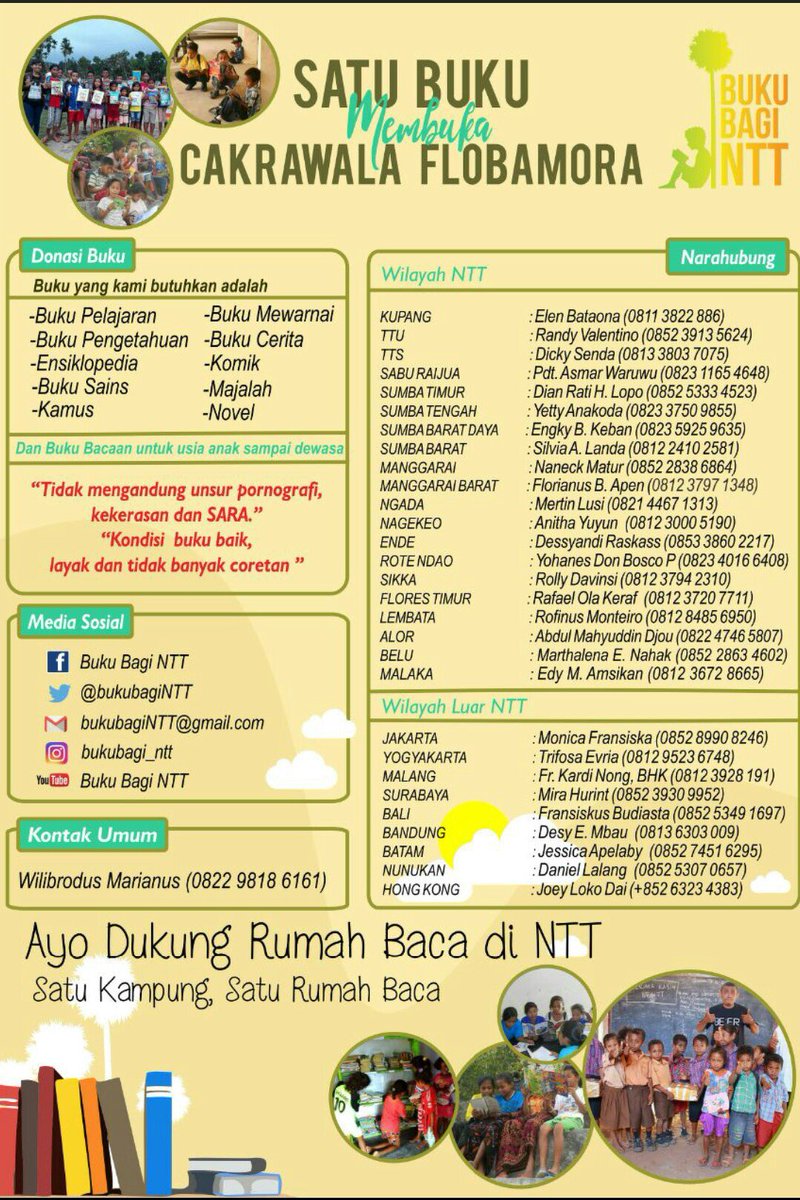 bukubagiNTT's tweet photo. Narahubung Komunitas Buku Bagi NTT. Simpul relawan tersebar di 20 kabupaten di NTT dan 9 wilayah di luar NTT, salah satunya di luar negeri (Hong Kong). 

Salam kompak selalu.
#BukuBagiNTT https://t.co/8eMfx9r48Y