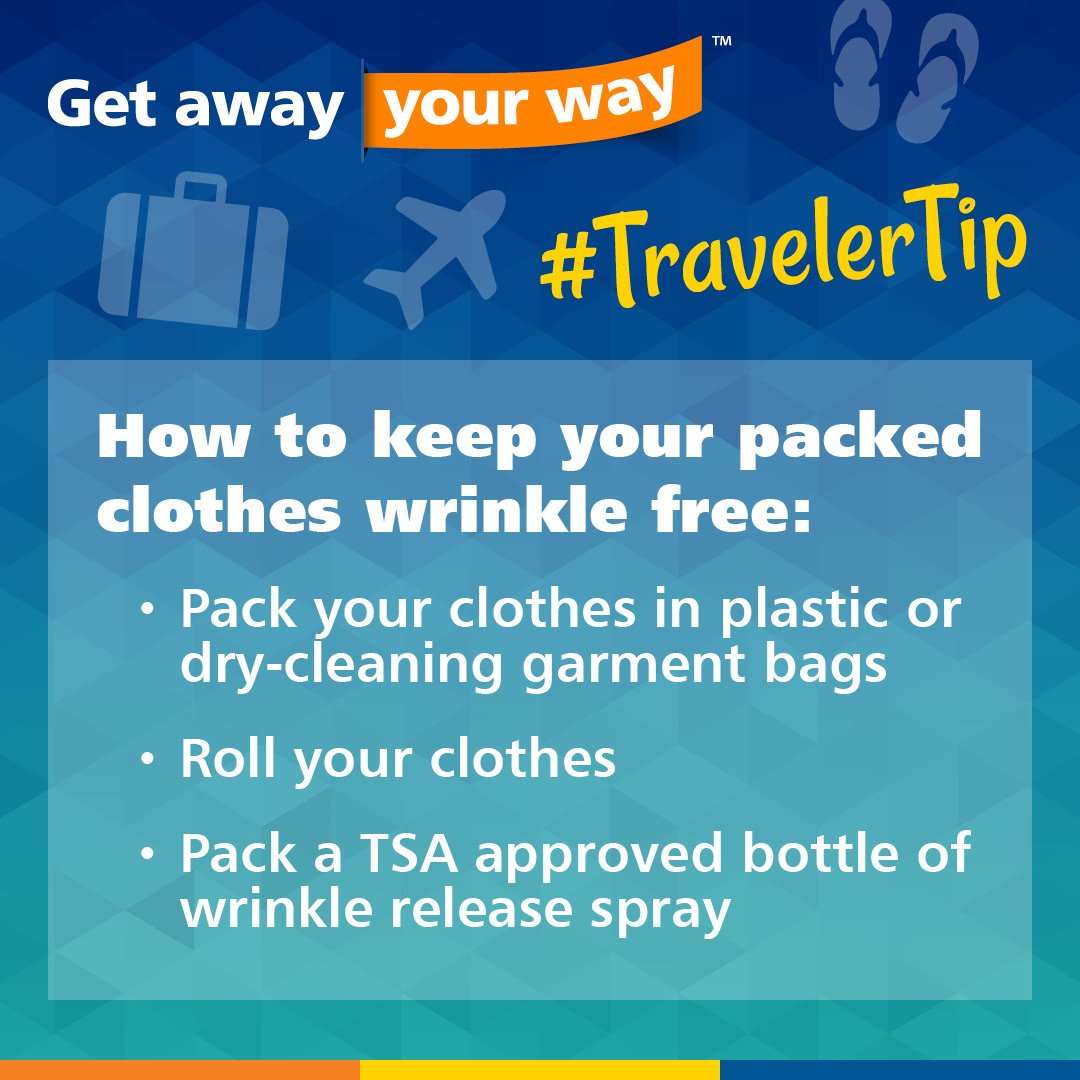 It's Tuesday which means we have another #TravelerTip for you! Here's some tips on how to keep your clothes wrinkle free while traveling! #GetAway #YourWay