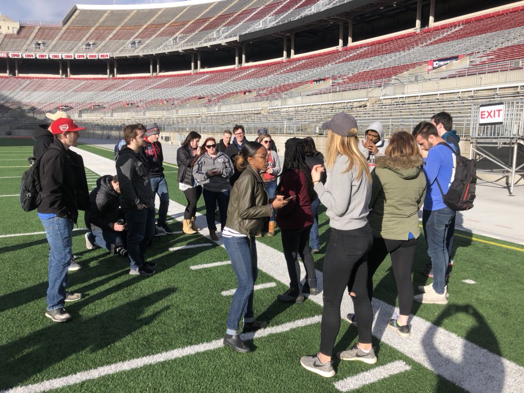 ClaireShonk's tweet photo. We got to learn some photography tips from Andrew @11W today. The sunshine and the Shoe made for the perfect backdrop. #osusportsmedia https://t.co/iJA2BvGRbl