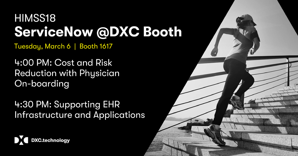 DXCFruitionANZ's tweet photo. Attending #HIMSS18? Stop by @DXCTechnology 's booth 1617 for @ServiceNow's exclusive presentations: 

4:00 PM: Cost and Risk Reduction with Physician On-boarding
4:30 PM: Supporting EHR Infrastructure and Applications

 https://t.co/tJysC1QZwA https://t.co/da7gdEfyDz