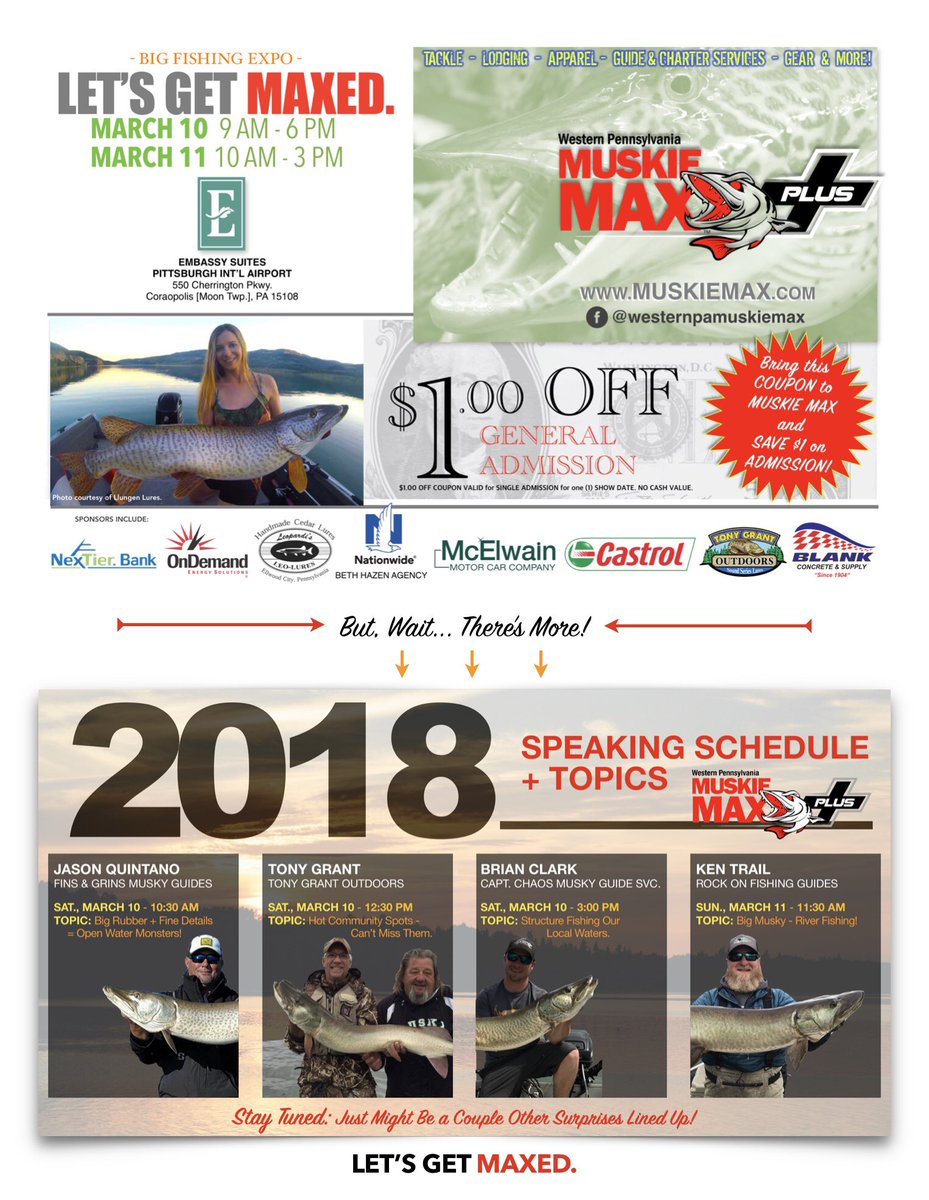 GREAT TIME coming this weekend! 2018 MUSKIE MAX Fishing Expo March 10 &amp; 11[Embassy Suites Hotel Moon Twp., PA]. Gear/Tackle, Guides, Lodging - ALL ANGLERS WELCOME - Amazing BBQ, Kid’s Section, Raffles, and More!
MUSKIEMAX.com #muskiemax #letsgetmaxed