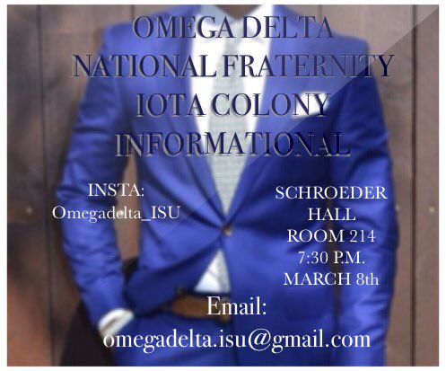 OmegaDelta_ISU's tweet photo. Make sure you come learn more about Omega Delta National Fraternity! https://t.co/E3tGxBQ5YF