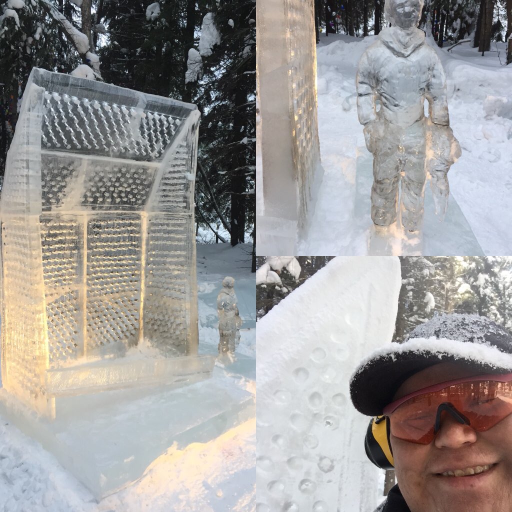 chapin1971's tweet photo. Finished the sculpture. I’m happy with it. I’m just glad it’s done. #icesculpture #icealaska #fishwheel https://t.co/4e8P7JIRsA