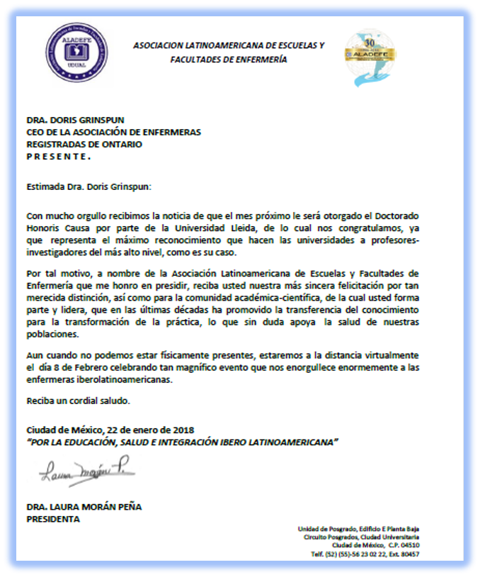 Con mucho orgullo por este medio les compartimos el oficio de felicitación enviado por la Dra. <a href="/LauraMoranP/">LAURA MORÁN PEÑA</a> Presidenta de <a href="/RedALADEFE/">ALADEFE</a> a la Dra. <a href="/DorisGrinspun/">Dr. Doris Grinspun 🇨🇦 RN, PhD, FAAN, O.ONT</a> por recibir el Doctorado Honoris Causa por parte de la <a href="/UniversitatLlei/">Universitat Lleida</a>.