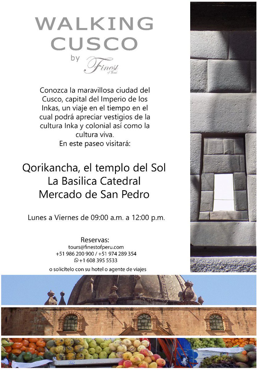 FinestPeru's tweet image. Walking Cusco by Finest of Perú 
Monday - Friday
09:00 a.m. - 12:00 p.m.
Book it now:
tours@finestofperu.com
+51 986200900 / +51 974289354 / +1 608 3955533