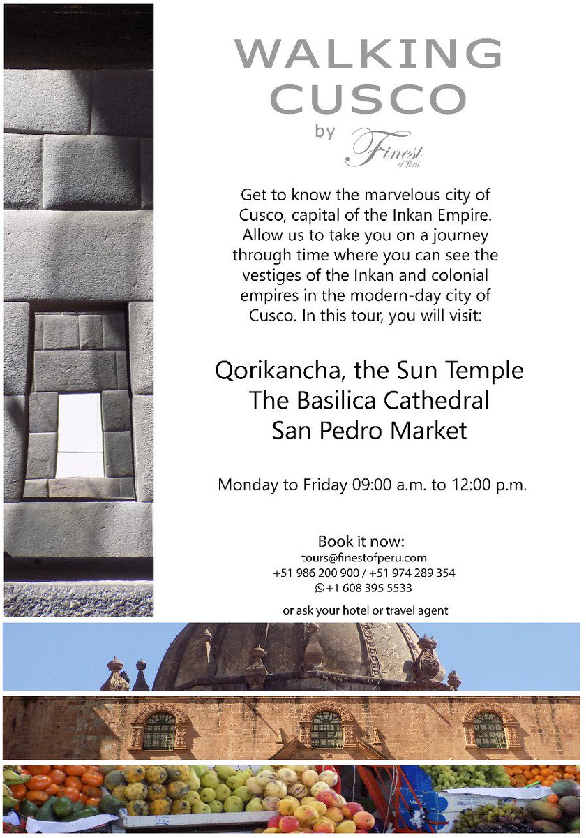 FinestPeru's tweet image. Walking Cusco by Finest of Perú 
Monday - Friday
09:00 a.m. - 12:00 p.m.
Book it now:
tours@finestofperu.com
+51 986200900 / +51 974289354 / +1 608 3955533