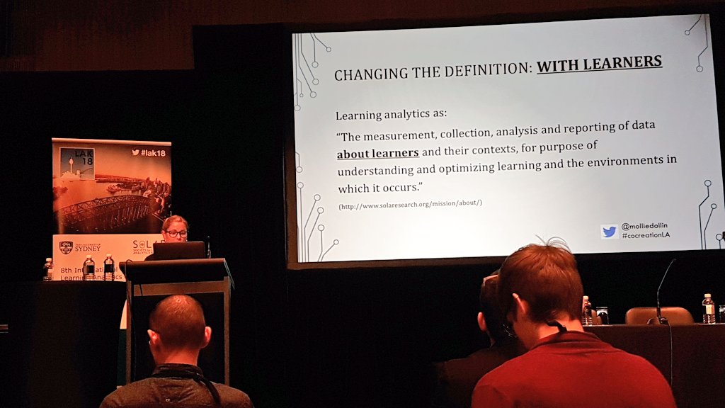 marloft's tweet photo. Shouldn't the well-used definition of Learning Analytics be updated to reflect a process that is not analysis of data *about* students but a collaboration undertaken *with* students asks @molliedollin #LAK18 https://t.co/kAo3h9bKm4