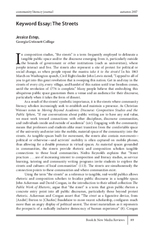 CommLitJournal's tweet photo. "...our discipline’s use of the term ['the streets'] can be seen in two ways: 1) as co-opting a term used by people who identify with the streets, or 2) as joining these people in employing their own terminology." https://t.co/Yv64BpLjU6 https://t.co/ZuxN3djqJZ